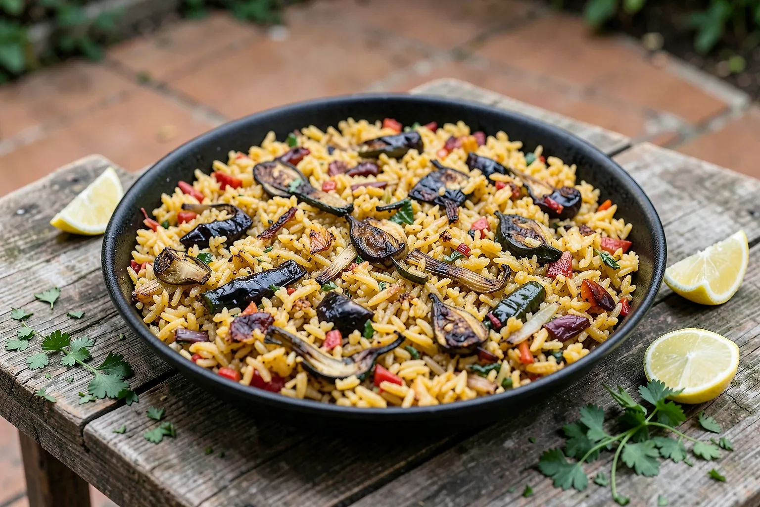 Paella de arroz con berenjena, hinojo y calabacín asados, decorada con limón y perejil