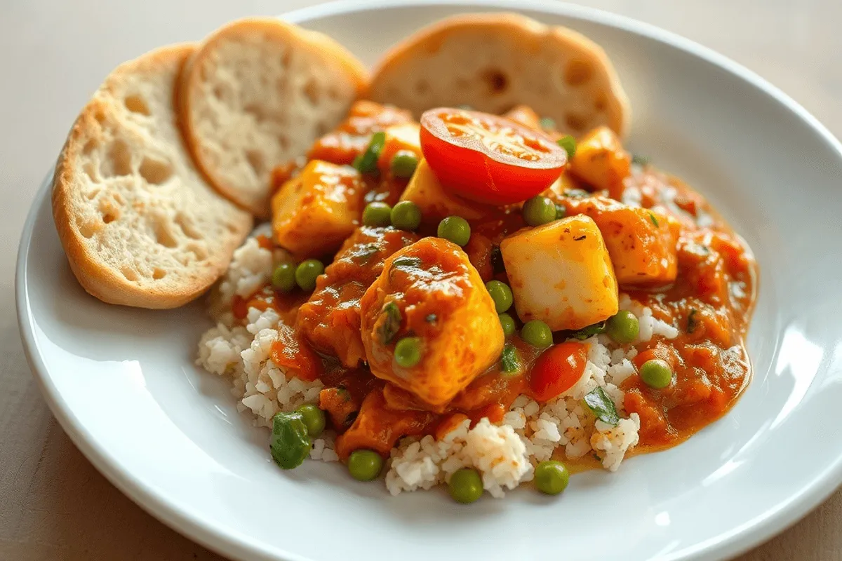 Matar paneer con guisantes y salsa especiada de tomate y especias