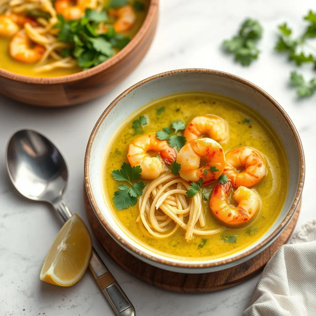 Cuenco de sopa de fideos udon con curry verde, gambas y hierbas frescas