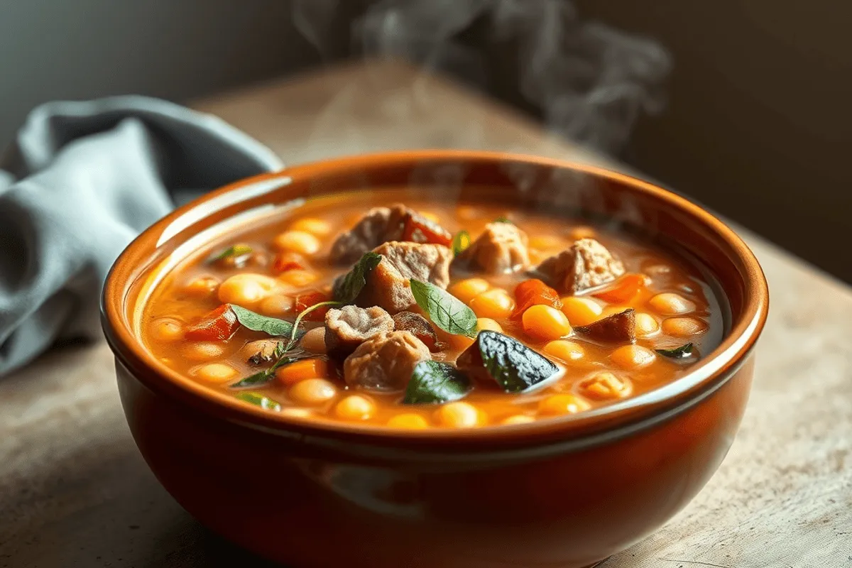 Sopa tunecina de cordero y garbanzos servida en cuenco con pan al lado