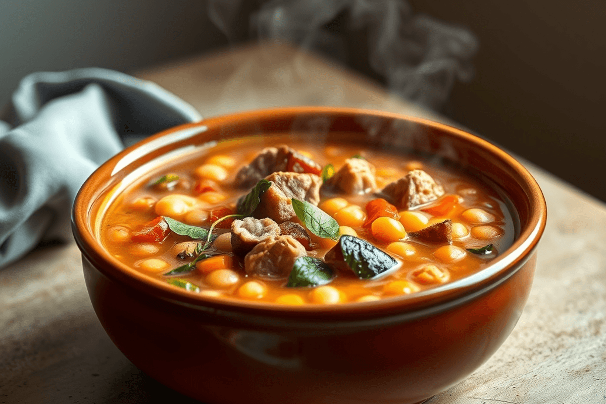 Sopa tunecina de cordero y garbanzos servida en cuenco con pan al lado