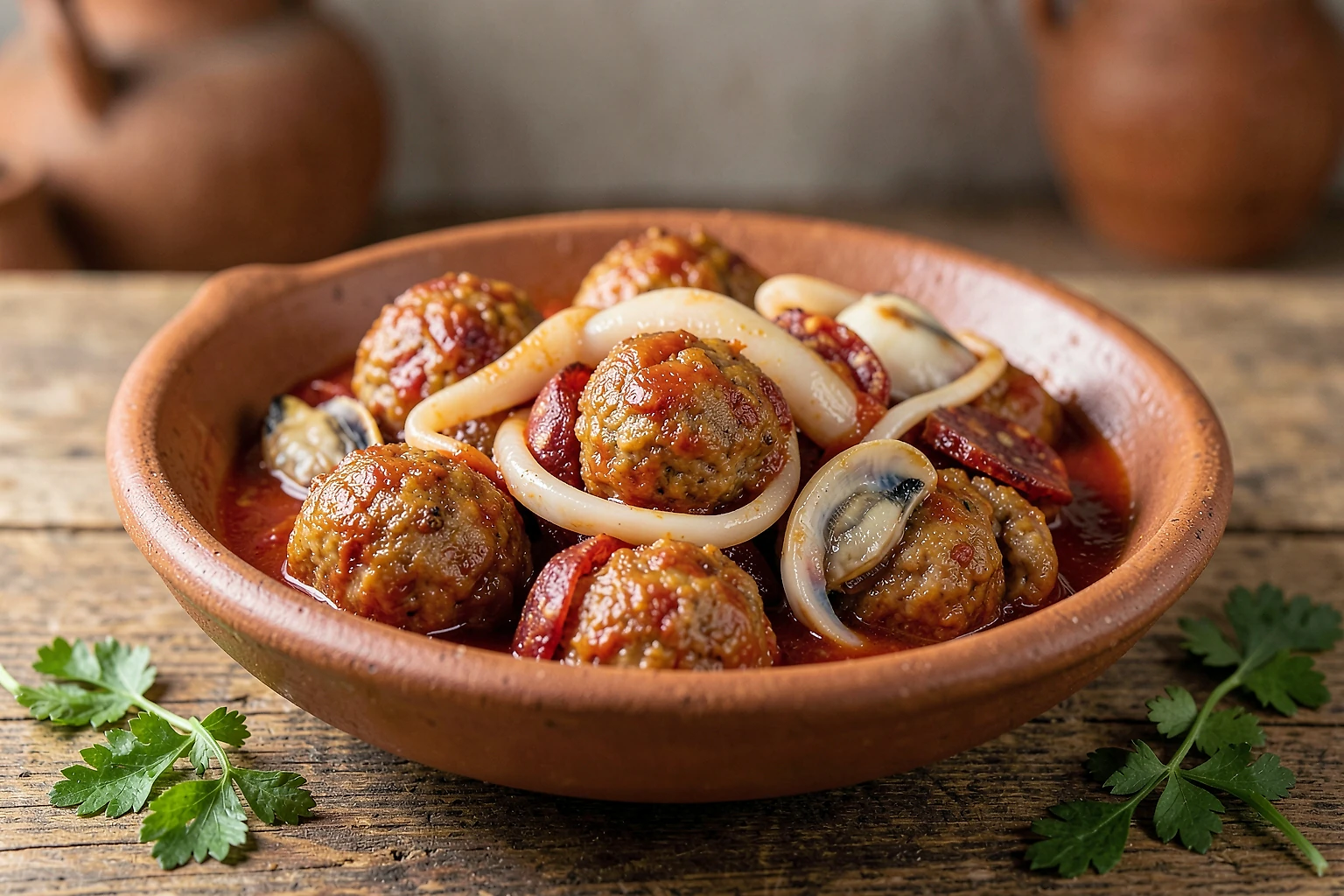 Albóndigas de cerdo con chorizo, calamar y almejas en salsa de tomate y vino blanco
