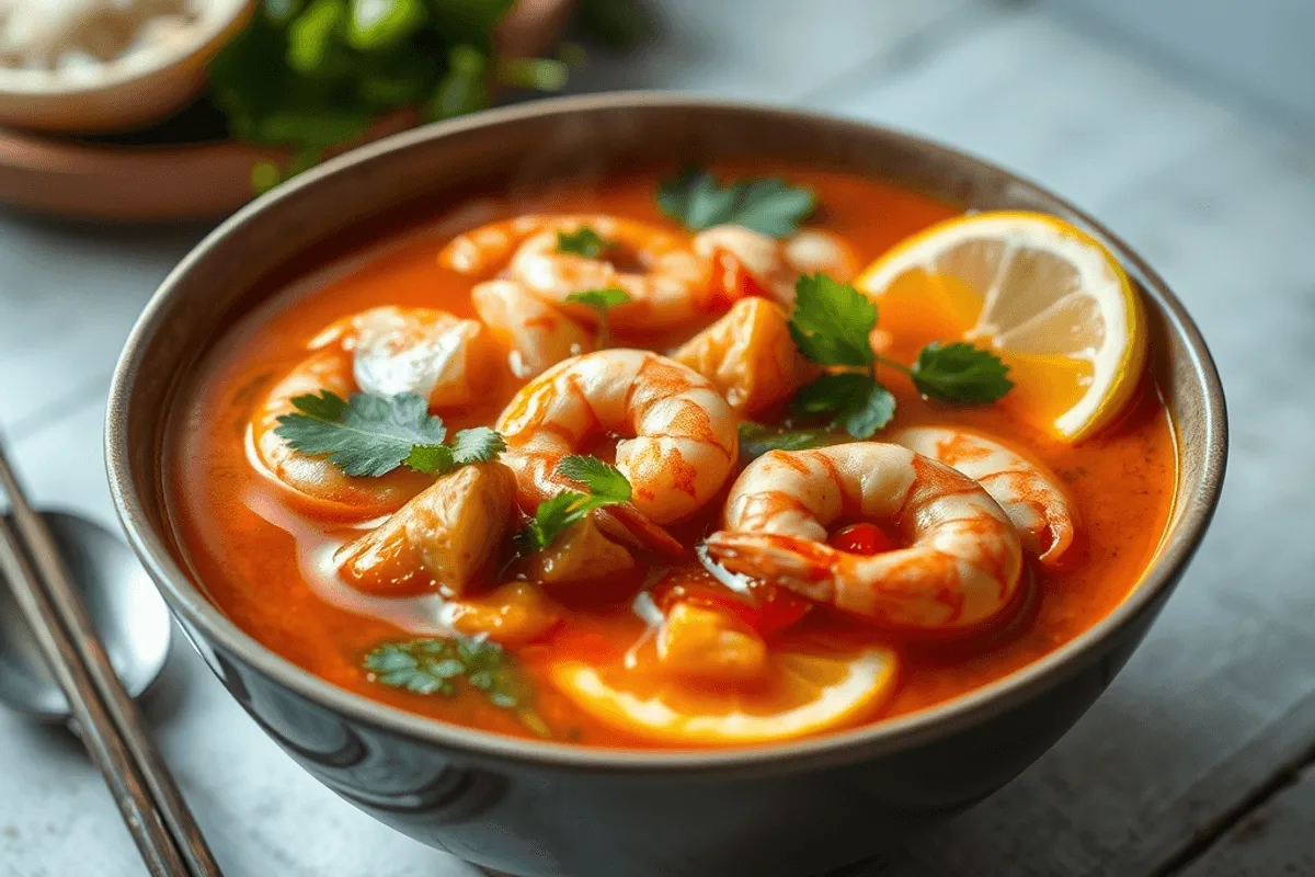Sopa Tom Yum con gambas, hojas de lima kaffir y cilantro fresco en una taza de cerámica