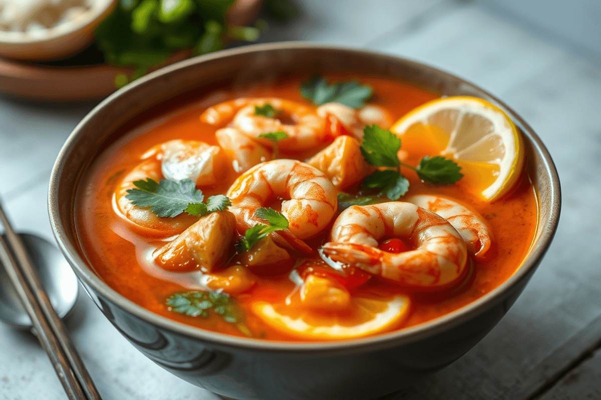 Sopa Tom Yum con gambas, hojas de lima kaffir y cilantro fresco en una taza de cerámica