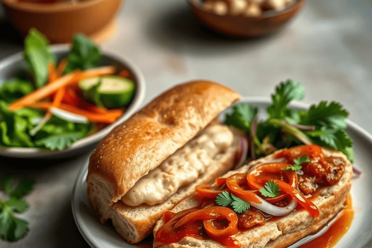 Bánh mì vegano abierto mostrando el tempeh, las verduras encurtidas coloridas y las hierbas frescas sobre una baguette crujiente.