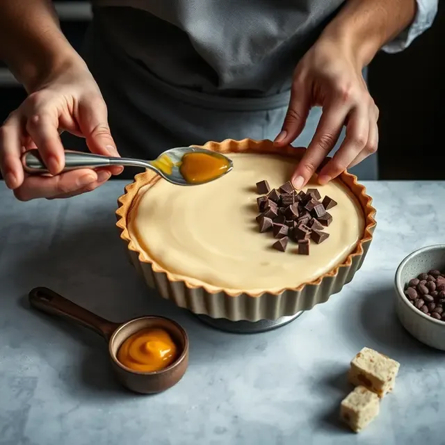 Paso 4: Distribuye el dulce de leche en cucharadas sobre la base, es