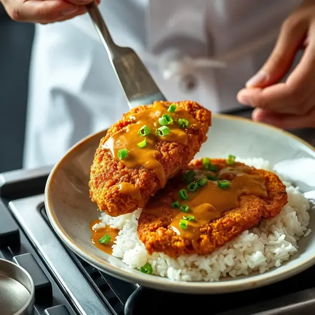 Paso 6: Sirve el pollo katsu caliente, cubierto con la salsa curry. 